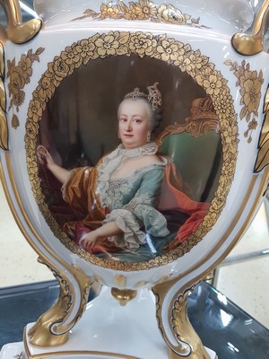 26714568b - Large portrait lid vase, Rosenthal, around 1910/20, porcelain, 3-fold extended stand, three curved goat legs ending in goat heads, rich gold decoration and floral gold painting, picture cartouche on the front side with a portrait of Maria Theresa of Austria after the painting by Martin van Meytens (around 1750), floor mark, rubbed, h. 51 cm