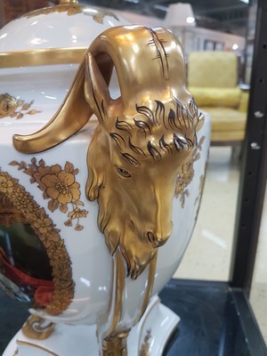 26714568d - Large portrait lid vase, Rosenthal, around 1910/20, porcelain, 3-fold extended stand, three curved goat legs ending in goat heads, rich gold decoration and floral gold painting, picture cartouche on the front side with a portrait of Maria Theresa of Austria after the painting by Martin van Meytens (around 1750), floor mark, rubbed, h. 51 cm