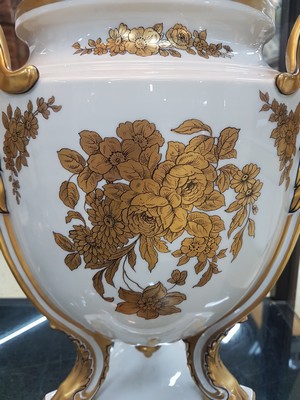 26714568i - Large portrait lid vase, Rosenthal, around 1910/20, porcelain, 3-fold extended stand, three curved goat legs ending in goat heads, rich gold decoration and floral gold painting, picture cartouche on the front side with a portrait of Maria Theresa of Austria after the painting by Martin van Meytens (around 1750), floor mark, rubbed, h. 51 cm
