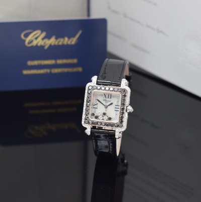 Image 26714585 - CHOPARD Happy Sport 18k white gold ladies wristwatch reference 27/6730-1015 with diamonds, quartz, 3-piece construction case, case back 6-times screwed, case lavish with white and black diamonds set additional approx. 4,64 ct, mobile diamonds under glass additional approx. 0,39 ct, mother of pearl dial, blued steel hands, original leather strap with original 18k white gold buckle, measures approx. 28 x 28 mm, Chopard certificate of authenticity and service warranty from February 2024 enclosed, condition 1