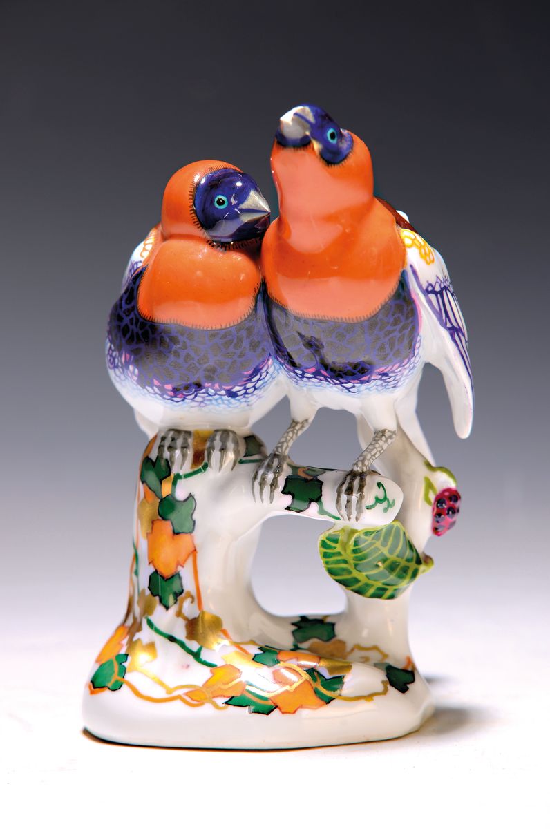 Porzellanfigur Paar Rotkehlchen, KPM, 20.Jh. , Entw. Edmund Otto, Porzellan, bunt staffiert, Schnabel beschädigt, H. 14,5 cm