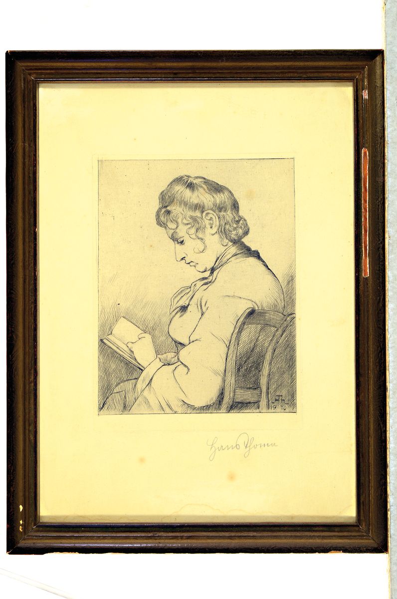 Detail k: Hans Thoma, 1839 Bernau-1924 Karlsruhe, Lesende, Radierung von 1910, rechts unten handsigniert, ca. 20x16cm, u.Gl., R. ca. 40x30cm