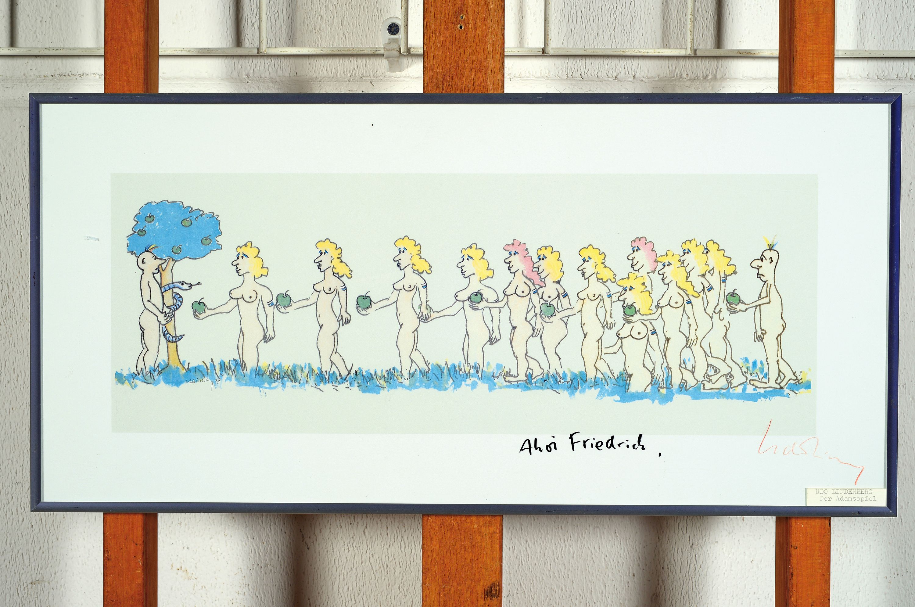 Udo Lindenberg, geb. 1946, deutscher Rockmusiker und Künstler, Der Adamsapfel, Farblithographie, handsigniert, Widmung: Ahoi Friedrich, ca. 16x44cm, ...