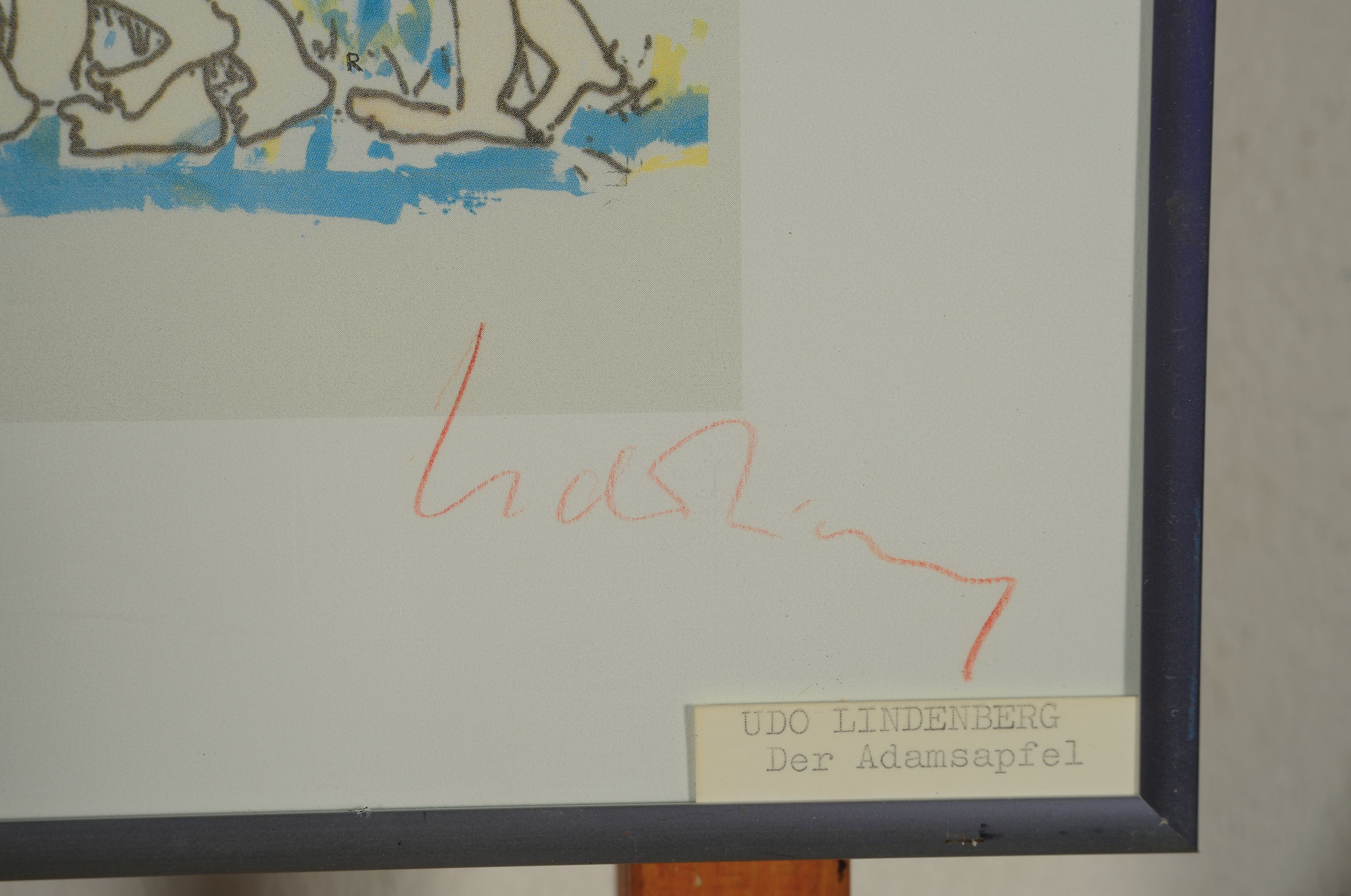 Detail l: Udo Lindenberg, geb. 1946, deutscher Rockmusiker und Künstler, Der Adamsapfel, Farblithographie, handsigniert, Widmung: Ahoi Friedrich, ca. 16x44cm, ...