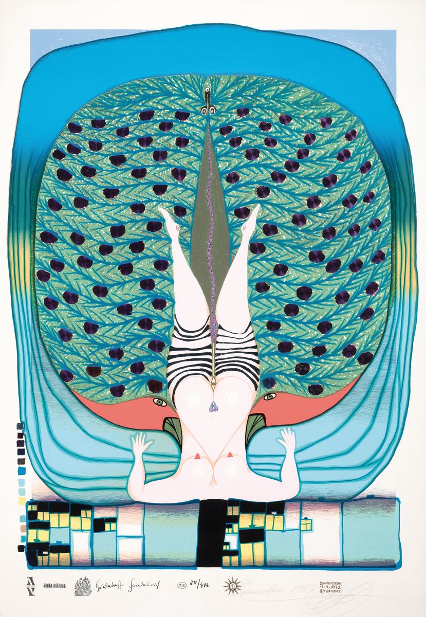 Friedensreich Hundertwasser, 1928-2000, Hommage a Schröder-Sonnenstern, Farbsiebdruck mit Metallfolienprägung, num. 211/416, von Sonnenstern mit ...