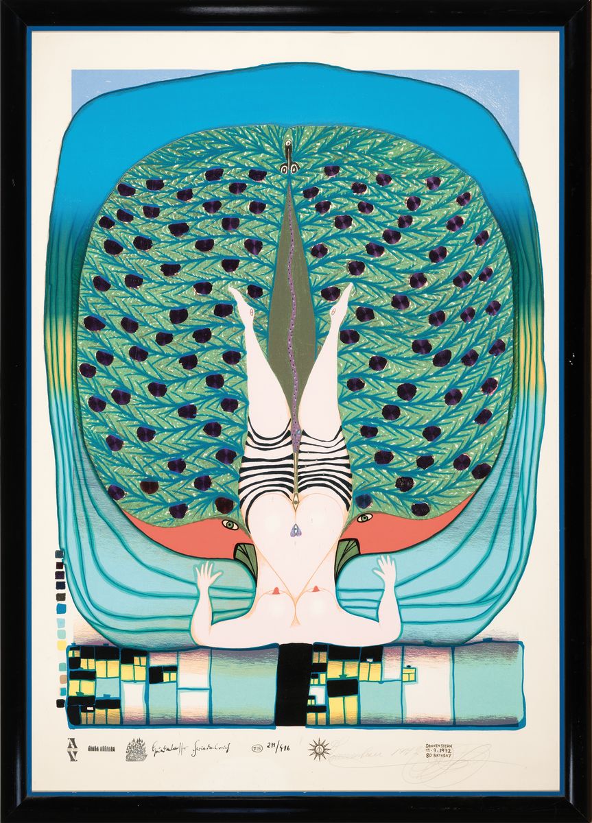 Detail k: Friedensreich Hundertwasser, 1928-2000, Hommage a Schröder-Sonnenstern, Farbsiebdruck mit Metallfolienprägung, num. 211/416, von Sonnenstern mit ...