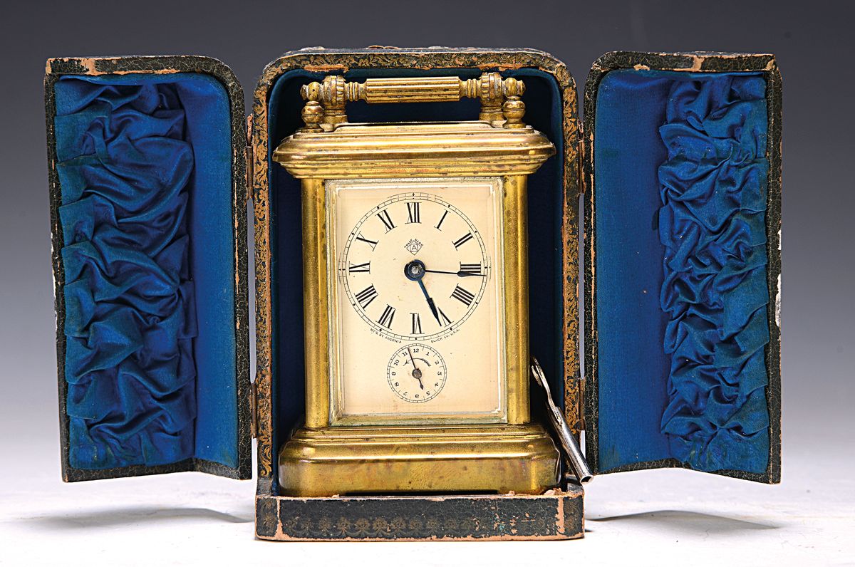 Reiseuhr mit Wecker, Marke: Ansonia, um 1910 , im original Etui (mit Flügeltür), dreiseitig facettiert verglast, Papierzifferblatt, ...