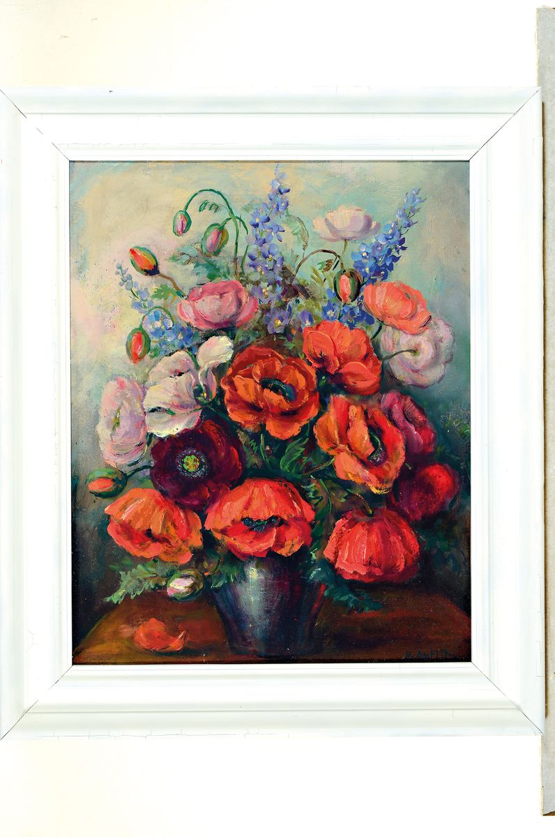 Detail k: Hans Antlitz, 1902 Offenbach-1978, Blumenstillleben mit Mohn und Rittersporn, rechts unten signiert, Öl/Lwd, 50x40 cm, Rahmen 62x52 cm