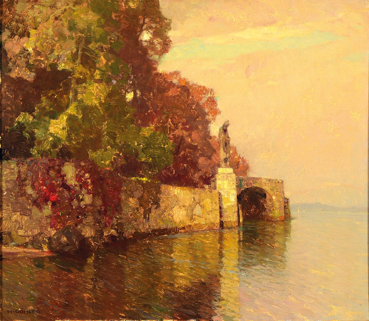Hermann Göhler, 1874 Neustadt/Wstr.-1959 Karlsruhe, Parkanlage am See, verso bez. "Wasserheiliger", datiert 1947, Öl/Holzplatte, 38x44 ...