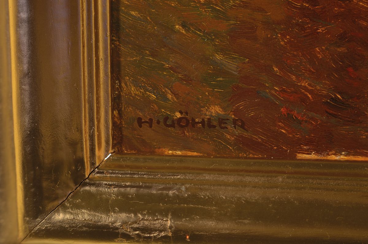 Detail a: Hermann Göhler, 1874 Neustadt/Wstr.-1959 Karlsruhe, Parkanlage am See, verso bez. "Wasserheiliger", datiert 1947, Öl/Holzplatte, 38x44 ...