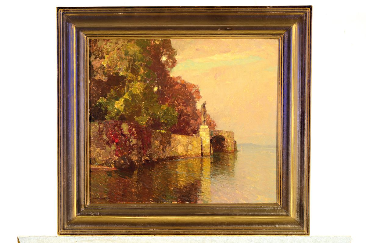 Detail k: Hermann Göhler, 1874 Neustadt/Wstr.-1959 Karlsruhe, Parkanlage am See, verso bez. "Wasserheiliger", datiert 1947, Öl/Holzplatte, 38x44 ...