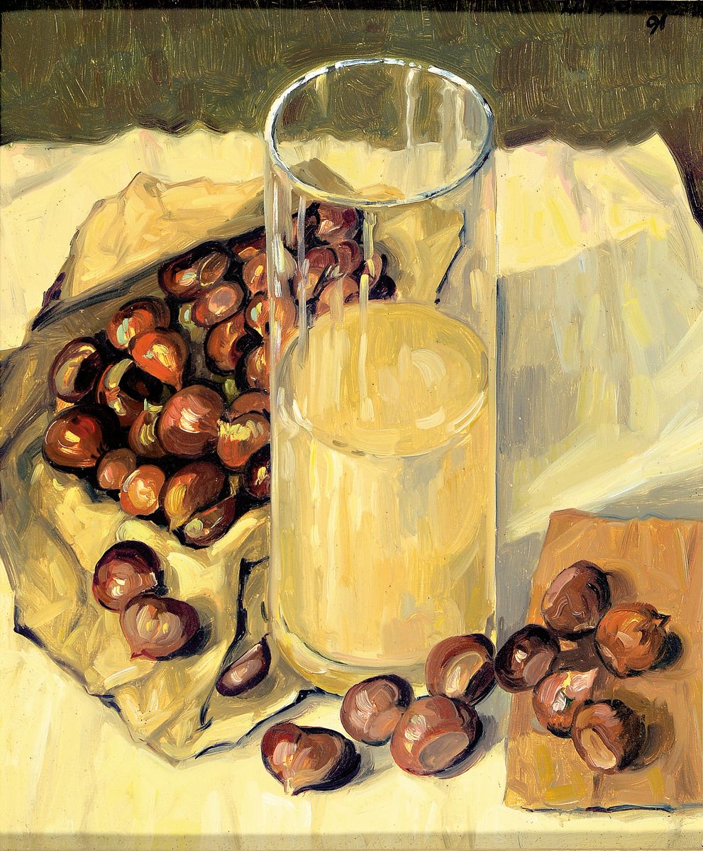 Werner Brand, 1933 Löbau-2021 Neustadt, Stillleben mit Wasserglas und Kastanien, 1991, Öl/Masonit, rechts oben signiert und datiert, 27x22 cm, ...