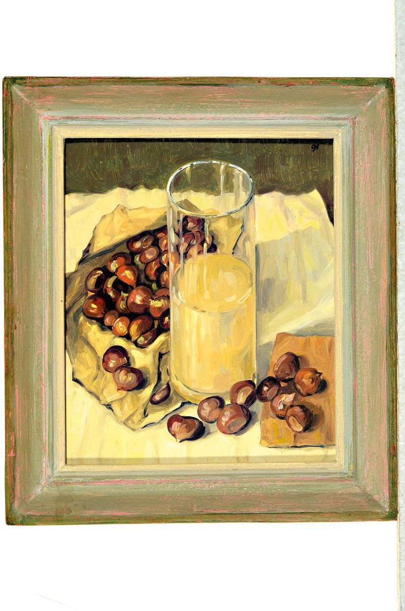 Detail k: Werner Brand, 1933 Löbau-2021 Neustadt, Stillleben mit Wasserglas und Kastanien, 1991, Öl/Masonit, rechts oben signiert und datiert, 27x22 cm, ...