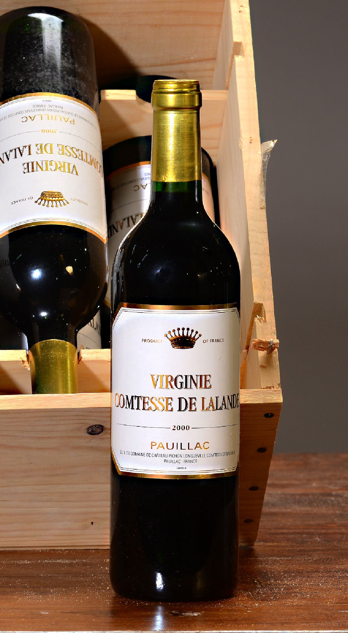 Detail a: 12 Flaschen 2000 Comtesse Virginie de Lalande, Paulliac, grand vin de Bordeaux, je 75cl, 13%, orig. verkorkt und unverkostet, orig. Holzkiste