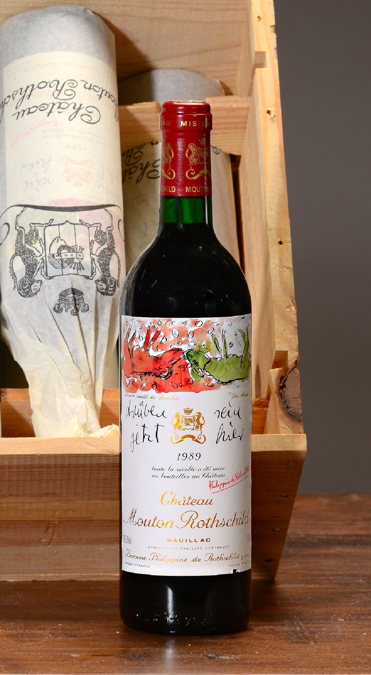 Detail b: 12 Flaschen 1989 Chateau Mouton Rothschild, Paulliac, premier grand cru classé. je 75cl, orig. verkorkt und unverkostet, in orig. Holzkiste