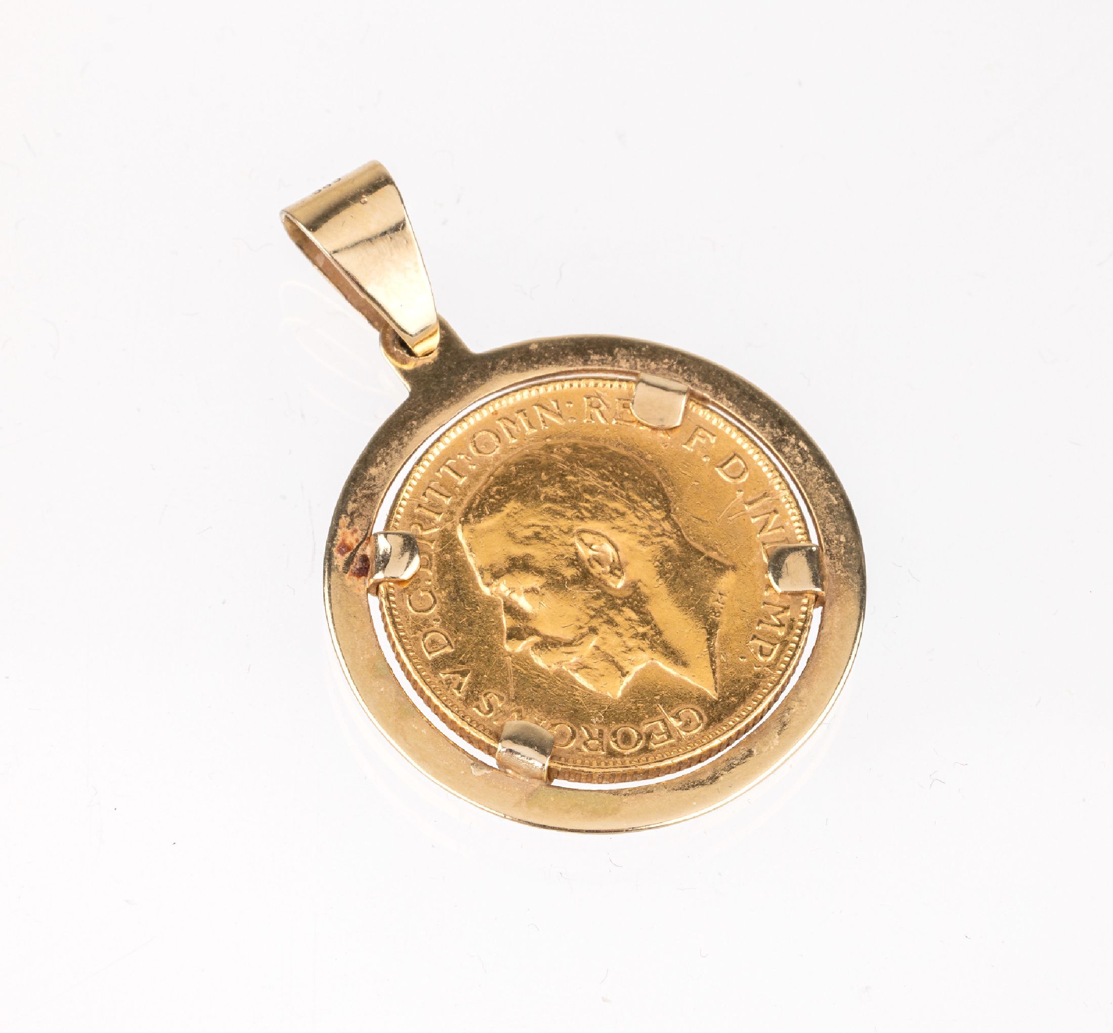 Goldmünze Sovereign, gefaßt als Anhänger, GG 585/000, Sovereign Großbritannien 1925, George, rv: Heiliger Georg hoch zu Ross im Kampf mit dem ...