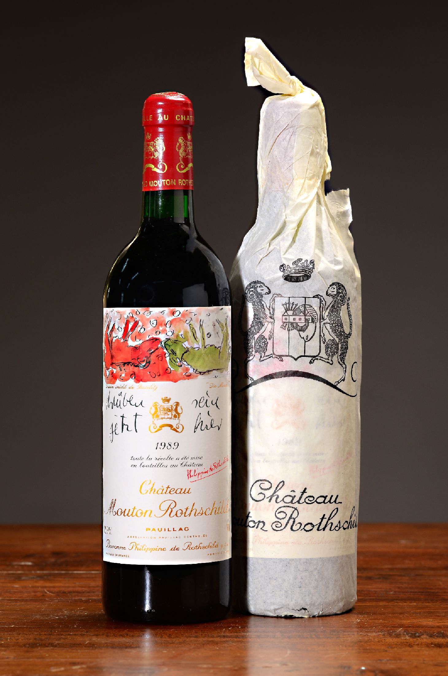 4 Flaschen 1989 Chateau Mouton Rothschild, Paulliac, premier grand cru classé, mit Künstleretikett von Georg Baselitz, 75cl, orig. verkorkt und ...