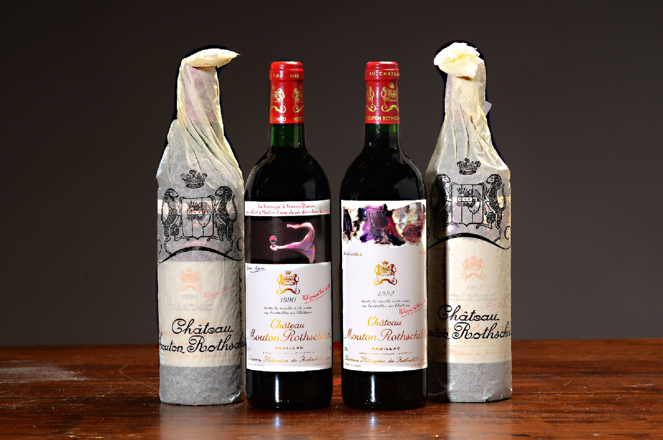 4 Flaschen 1990 und 1992, Chateau Mouton Rothschild, Paulliac, premier grand cru classé, mit Künstleretikett von Francis Bacon, 75cl, orig. ...