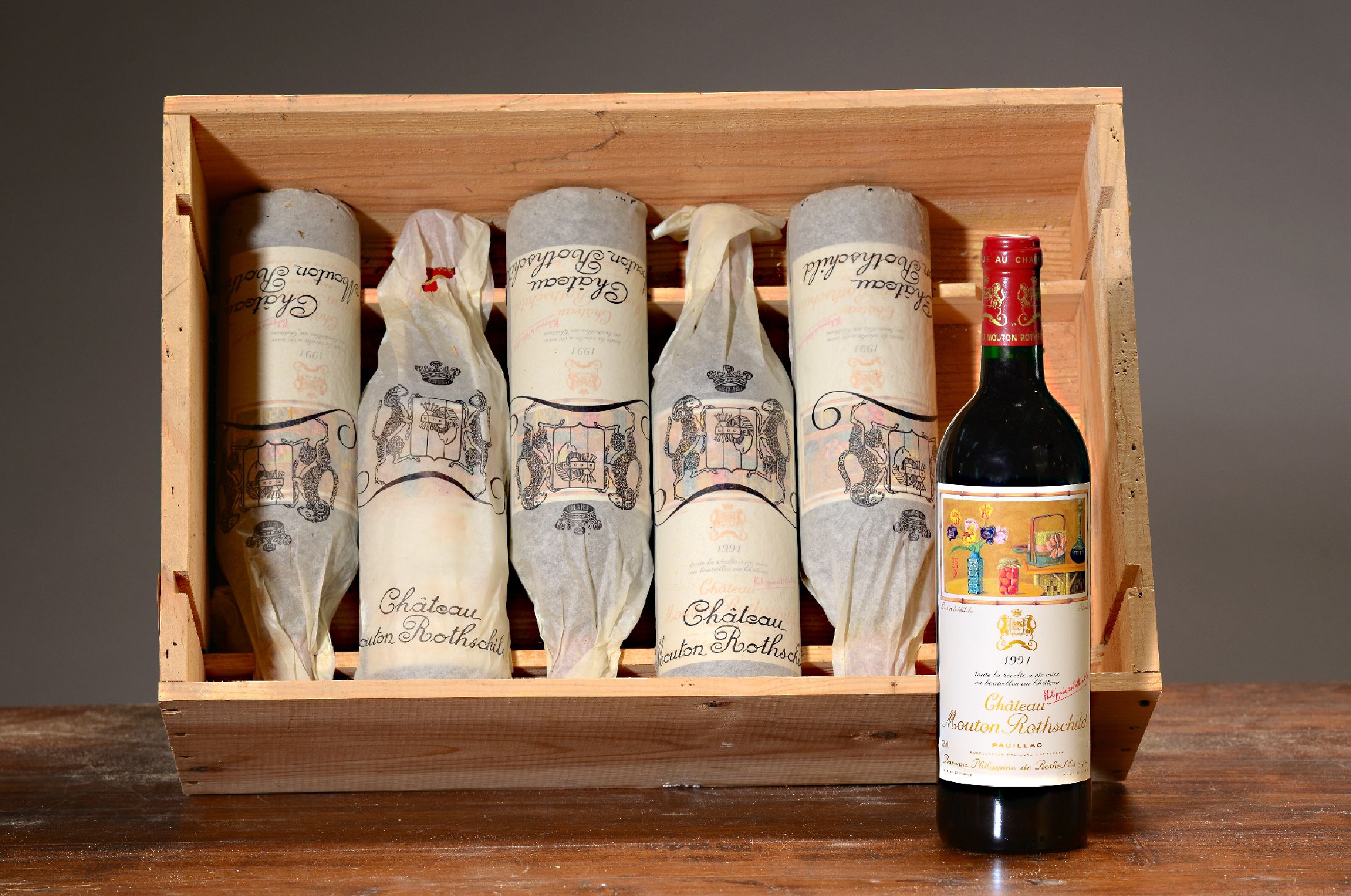 6 Flaschen 1991 Chateau Mouton Rothschild, Paulliac, premier grand cru classé, mit Künstleretikett von Setsuko, 75cl, orig. verkorkt und ...