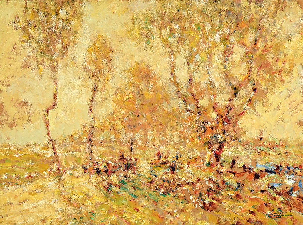 Julius Seyler, 1873-1958 München, Menschen und Tiere auf einer Baum bestandenen Landstraße, Öl/Malkarton, rechts unten sign., ca. 60x80cm, R. ca. ...