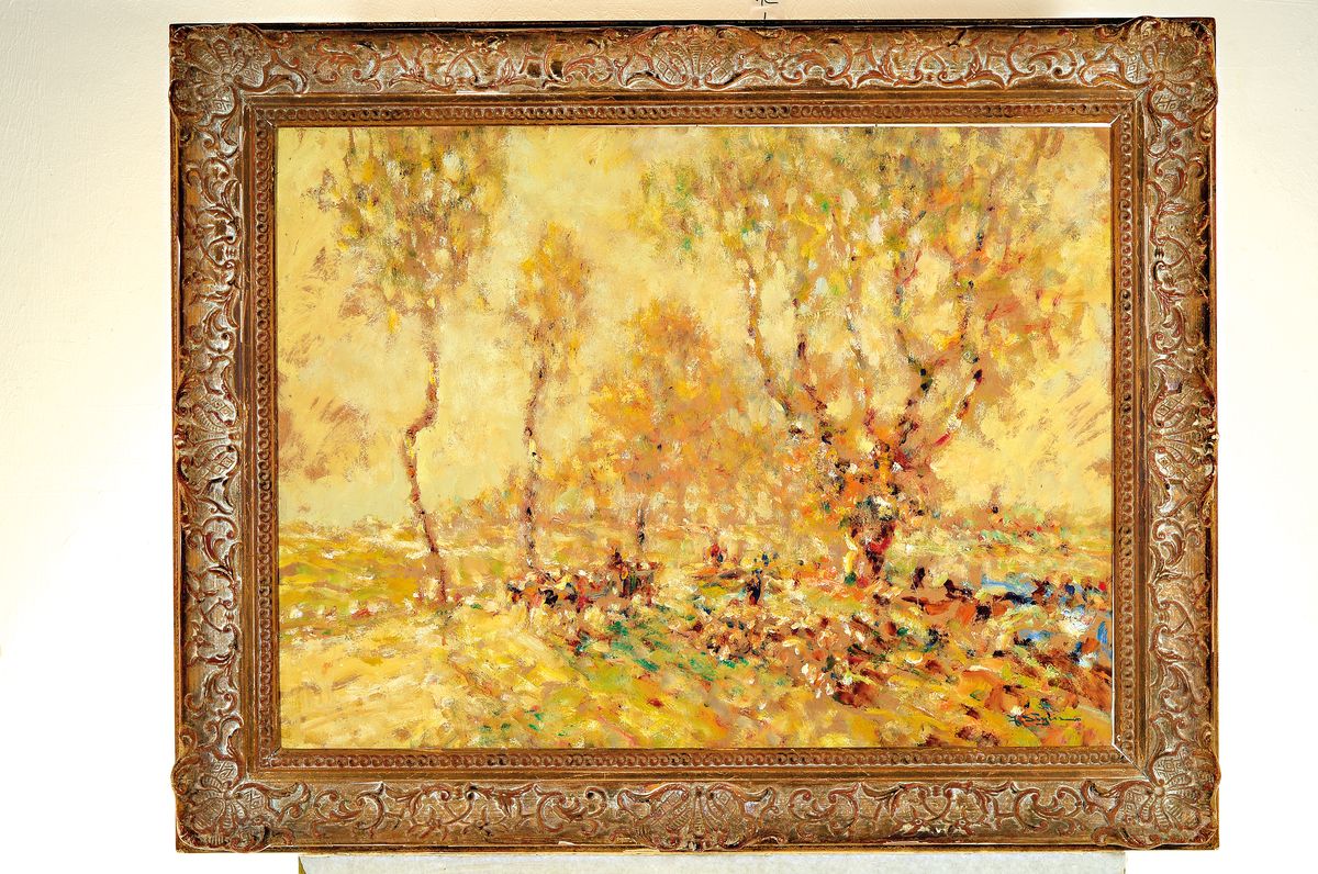 Detail k: Julius Seyler, 1873-1958 München, Menschen und Tiere auf einer Baum bestandenen Landstraße, Öl/Malkarton, rechts unten sign., ca. 60x80cm, R. ca. ...