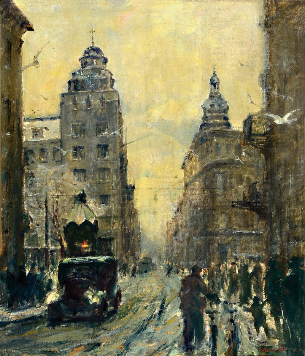 Unbekannter Künstler der 1920er Jahre, Straßenszene im Schnee, wohl Paris, vielfigurige Szene mit Menschen auf den Gehwegen, Auto und Kiosk, ...