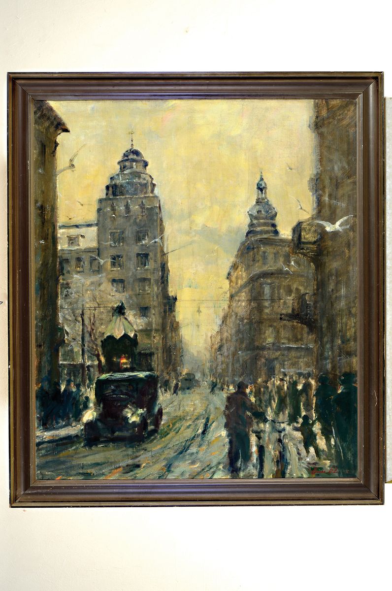 Detail k: Unbekannter Künstler der 1920er Jahre, Straßenszene im Schnee, wohl Paris, vielfigurige Szene mit Menschen auf den Gehwegen, Auto und Kiosk, ...