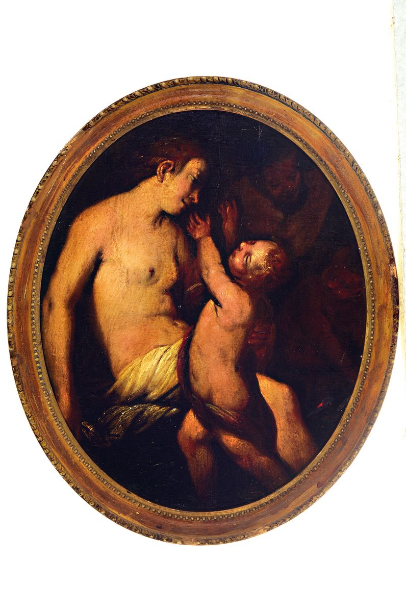 Detail k: Unbekannter Künstler des 19. Jh., Mutter mit Kind, Öl/Holz, unsigniert, im Oval ca. 34x28cm, R. ca. 38x32cm