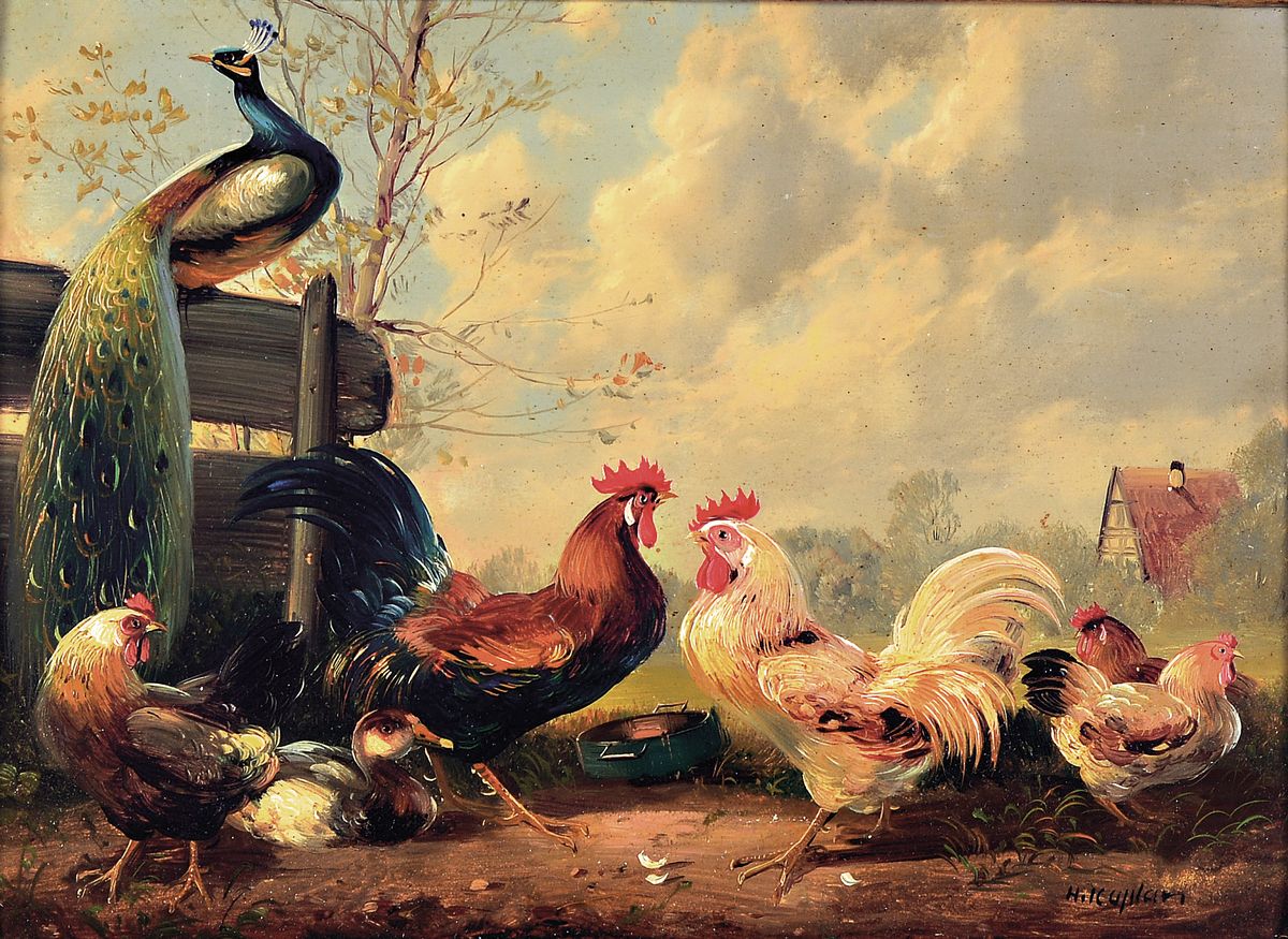 Hubert Kaplan, geb. 1940 München, Hähne, Hühner, Ente und Pfau auf dem Hof, Öl/Holz, rechts unten signiert, ca. 13x18cm, R. ca. 22x27cm