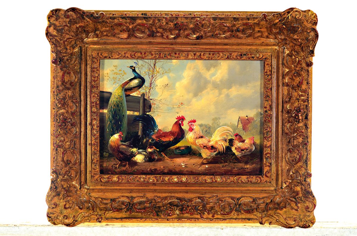 Detail k: Hubert Kaplan, geb. 1940 München, Hähne, Hühner, Ente und Pfau auf dem Hof, Öl/Holz, rechts unten signiert, ca. 13x18cm, R. ca. 22x27cm