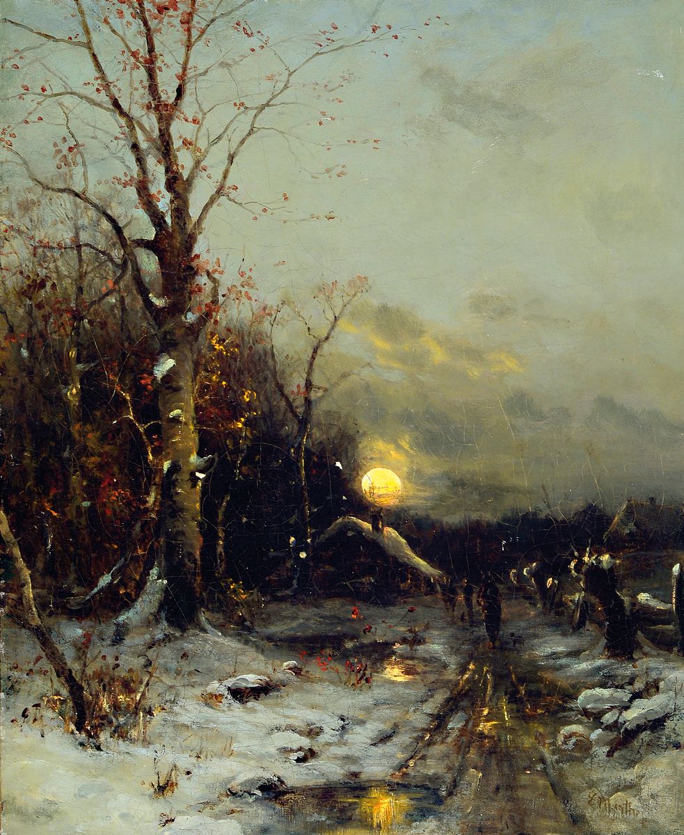 Ludwig Munthe, 1841 Sundal/Norwegen-1896 Düsseldorf, Vollmond über verschneiter Winterlandschaft mit Personen auf dem Weg zum Bauernhaus, Öl/Lwd, ...