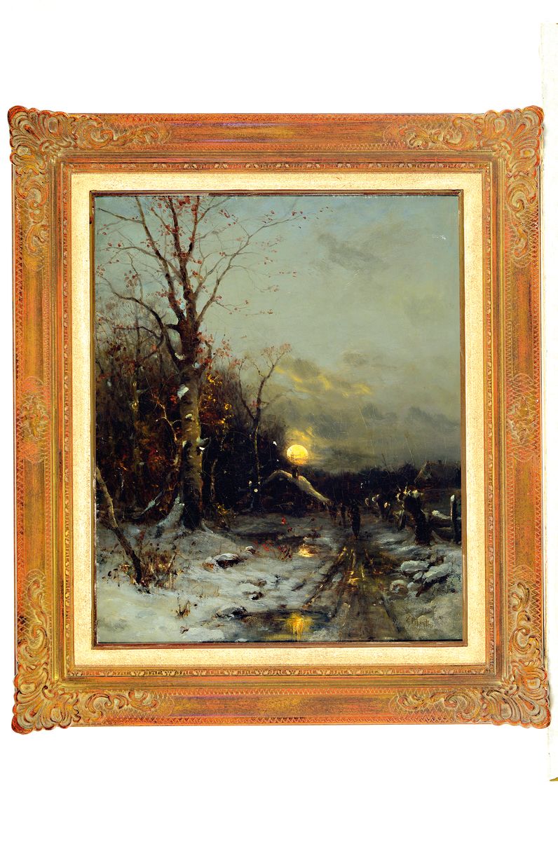 Detail k: Ludwig Munthe, 1841 Sundal/Norwegen-1896 Düsseldorf, Vollmond über verschneiter Winterlandschaft mit Personen auf dem Weg zum Bauernhaus, Öl/Lwd, ...