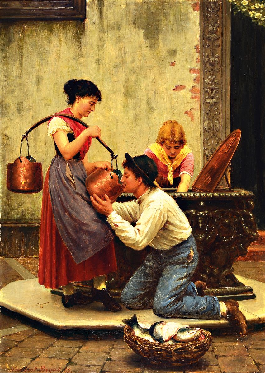 Adalbert Franz Eugen Begas, 1836 Berlin-1888 Genua, junge Frau reicht kniendem Mann Wasser aus ihrem Tragegefäß, Öl/Holz, links unten sign.: ...