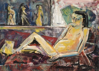 Image 26714793 - Martin Wollmer, born 1939 Cologne, lying nude in the studio, oil/wood, signed lower right and dated 87, approx. 68x94cm, frame approx. 82x107cm