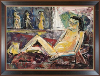 26714793k - Martin Wollmer, born 1939 Cologne, lying nude in the studio, oil/wood, signed lower right and dated 87, approx. 68x94cm, frame approx. 82x107cm
