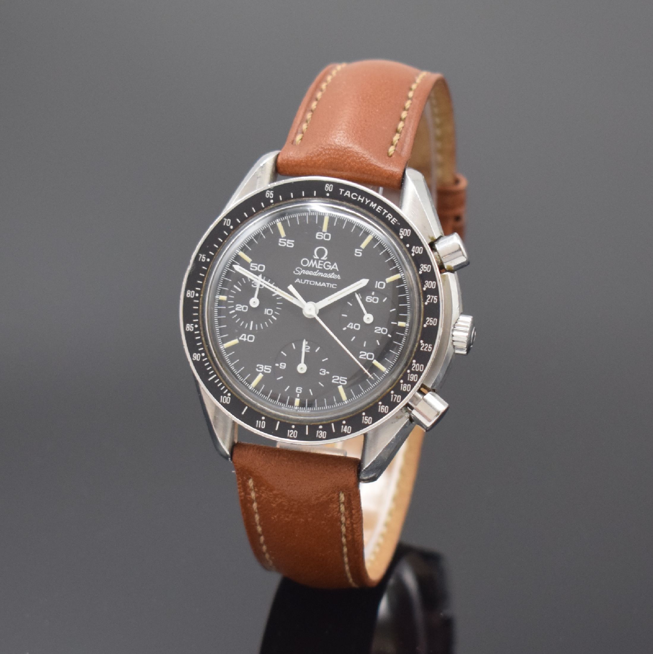 OMEGA Armbandchronograph Speedmaster Reduced Referenz 175.0032, Automatik, Schweiz um 1990, Edelstahlgeh., Boden aufgedr., Lünette m. ...