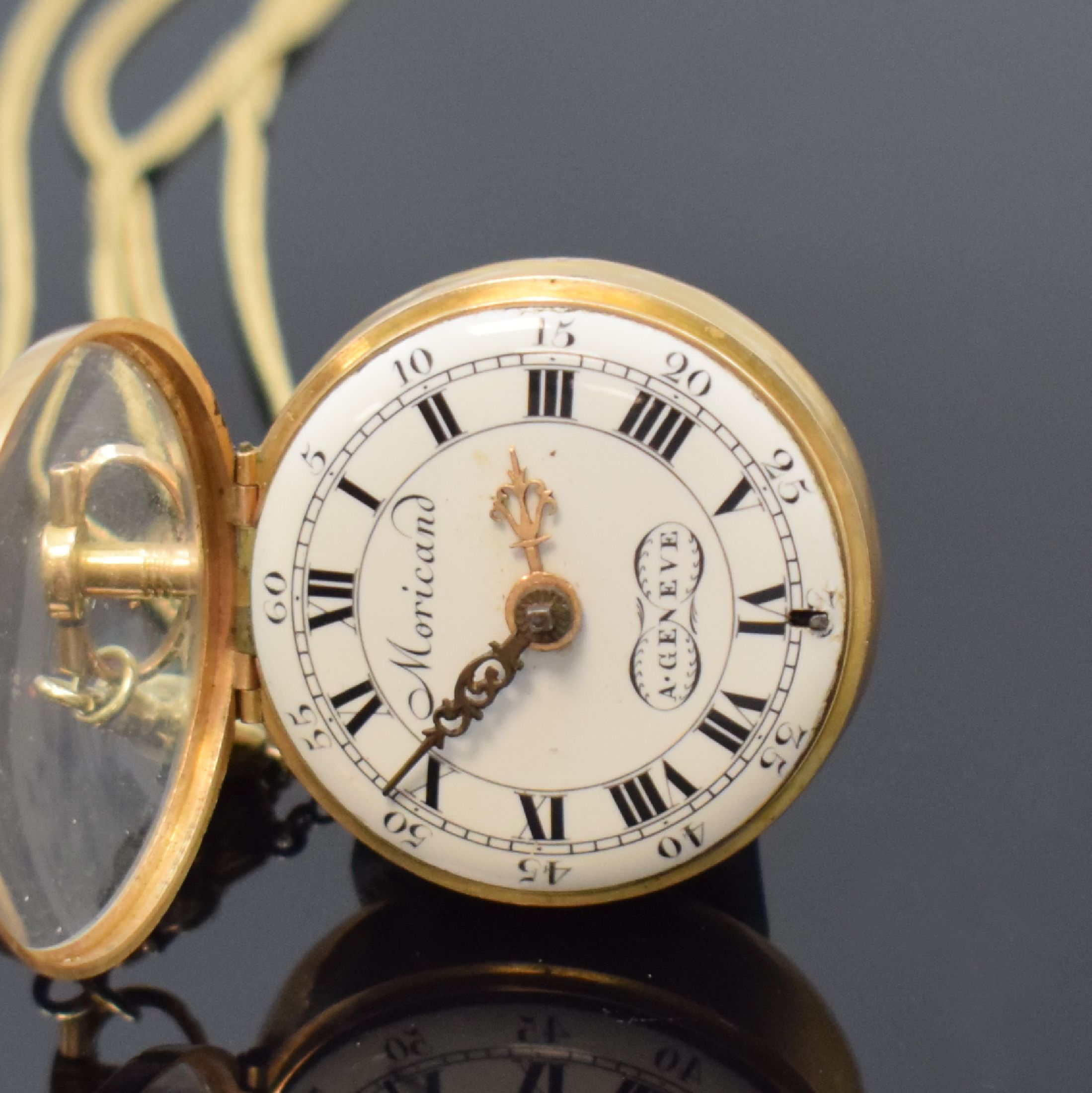 Detail c: MORICAND diamantbesetze Email Spindeltaschenuhr in RG 750/000 an späterer dreireihigen GG 585/000 Kette, Schweiz um 1770, Schlüsselaufzug, glattes ...