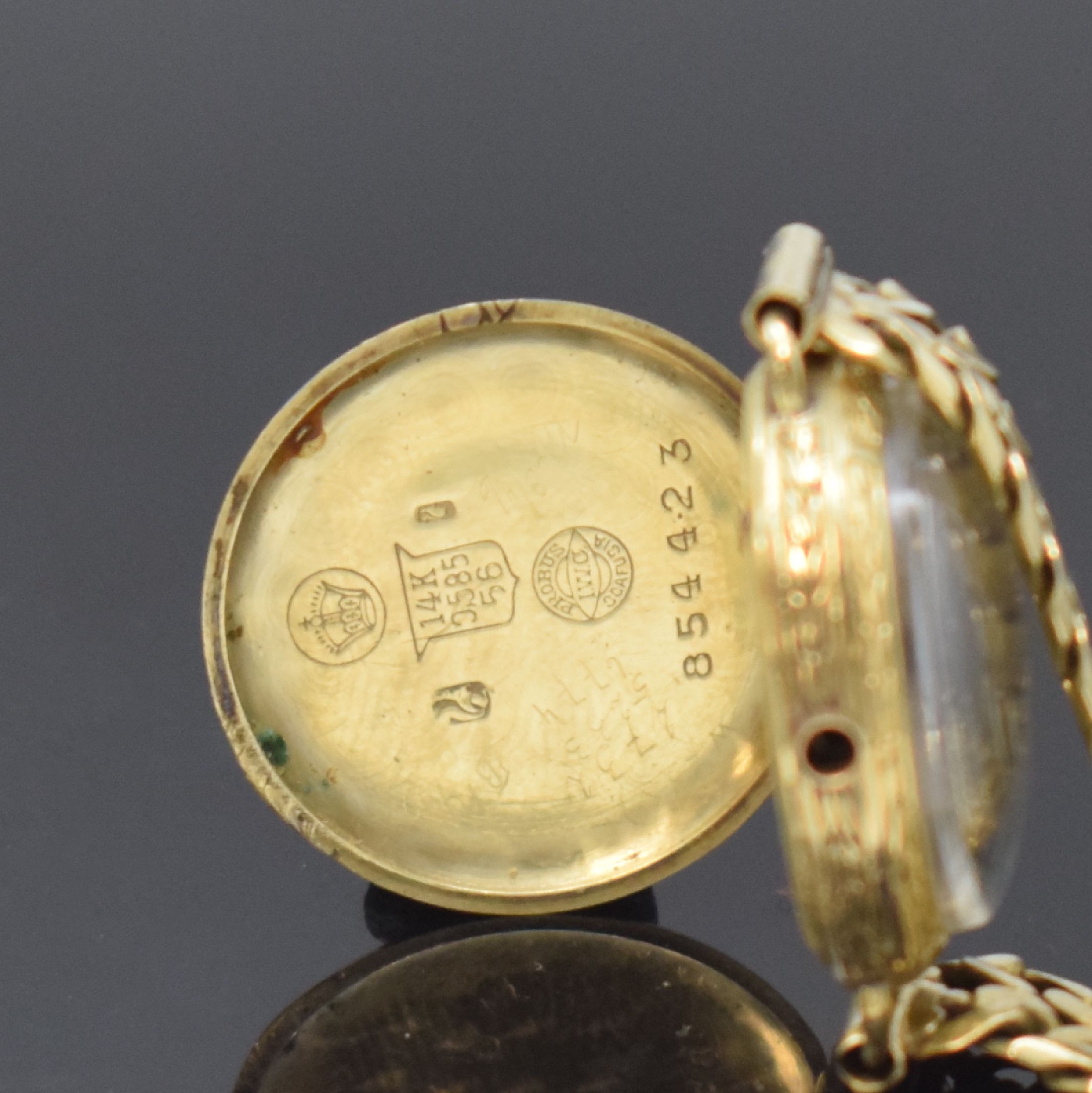 Detail d: IWC frühe Damenarmbanduhr am späteren Goldband in GG 585/000, Schweiz um 1925, Handaufzug, Scharniergeh., Rand u. Lunette floral grav., gold. ...
