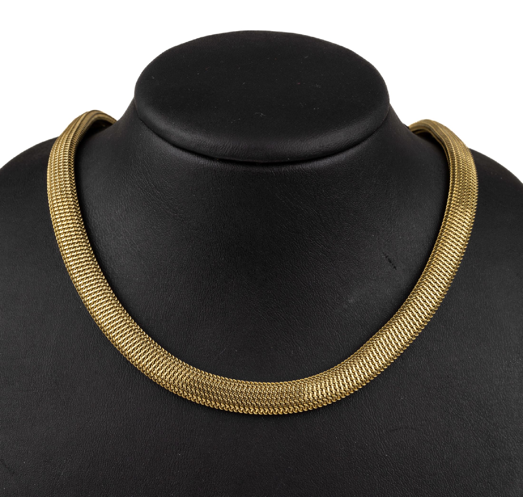 18 kt Gold LOTOS Collier, GG 750/000, 1960er Jahre, Milanaisegeflecht, Kastenschloß mit Sicherheitsacht, L. ca. 45 cm, total ca. 70 g