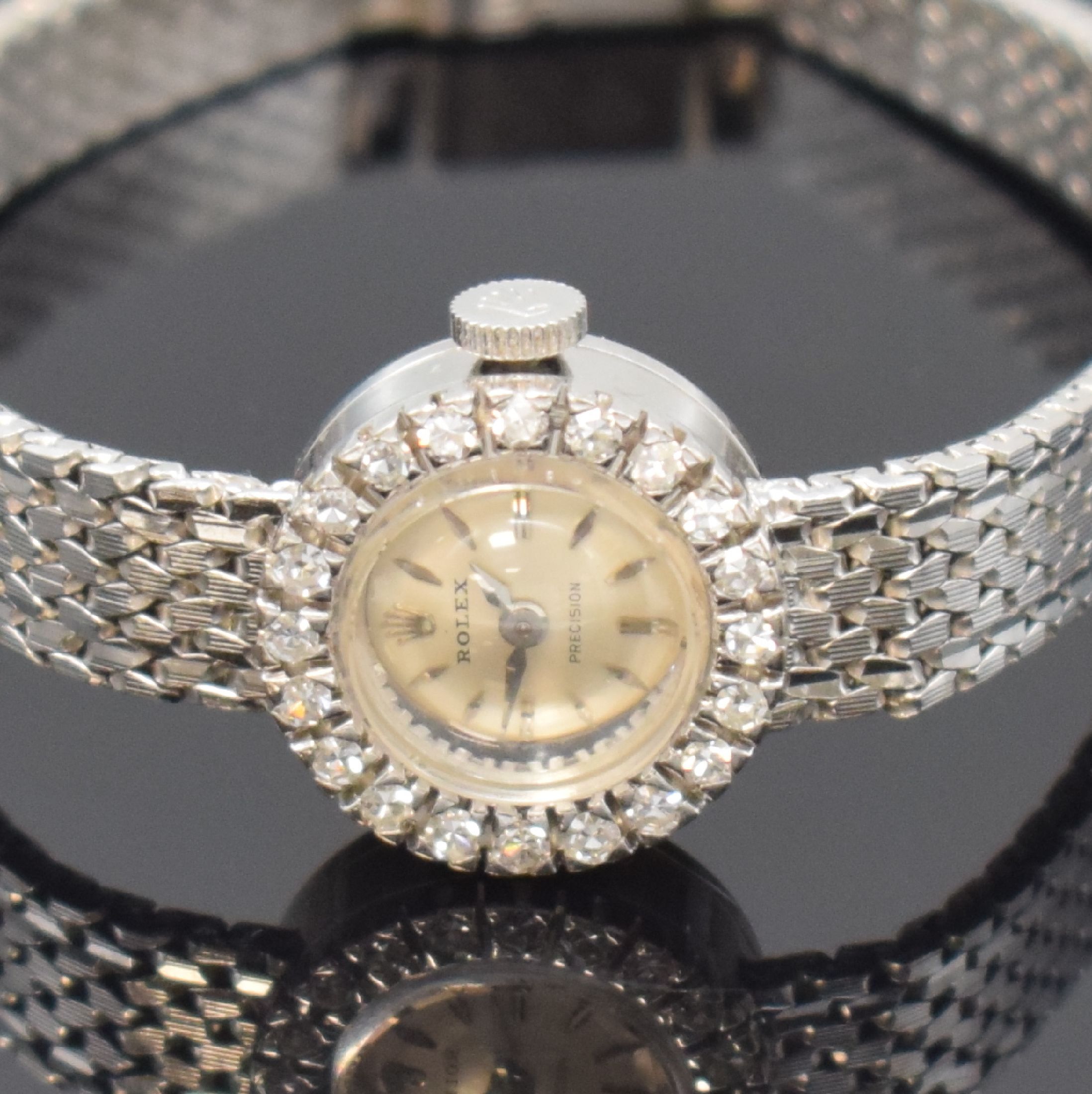 Detail a: ROLEX Precision Damenarmbanduhr in WG 750/000 mit Diamanten, Schweiz 1960er Jahre, Handaufzug, Lünette aufw. m. Diamanten besetzt, silb. Zifferbl. ...