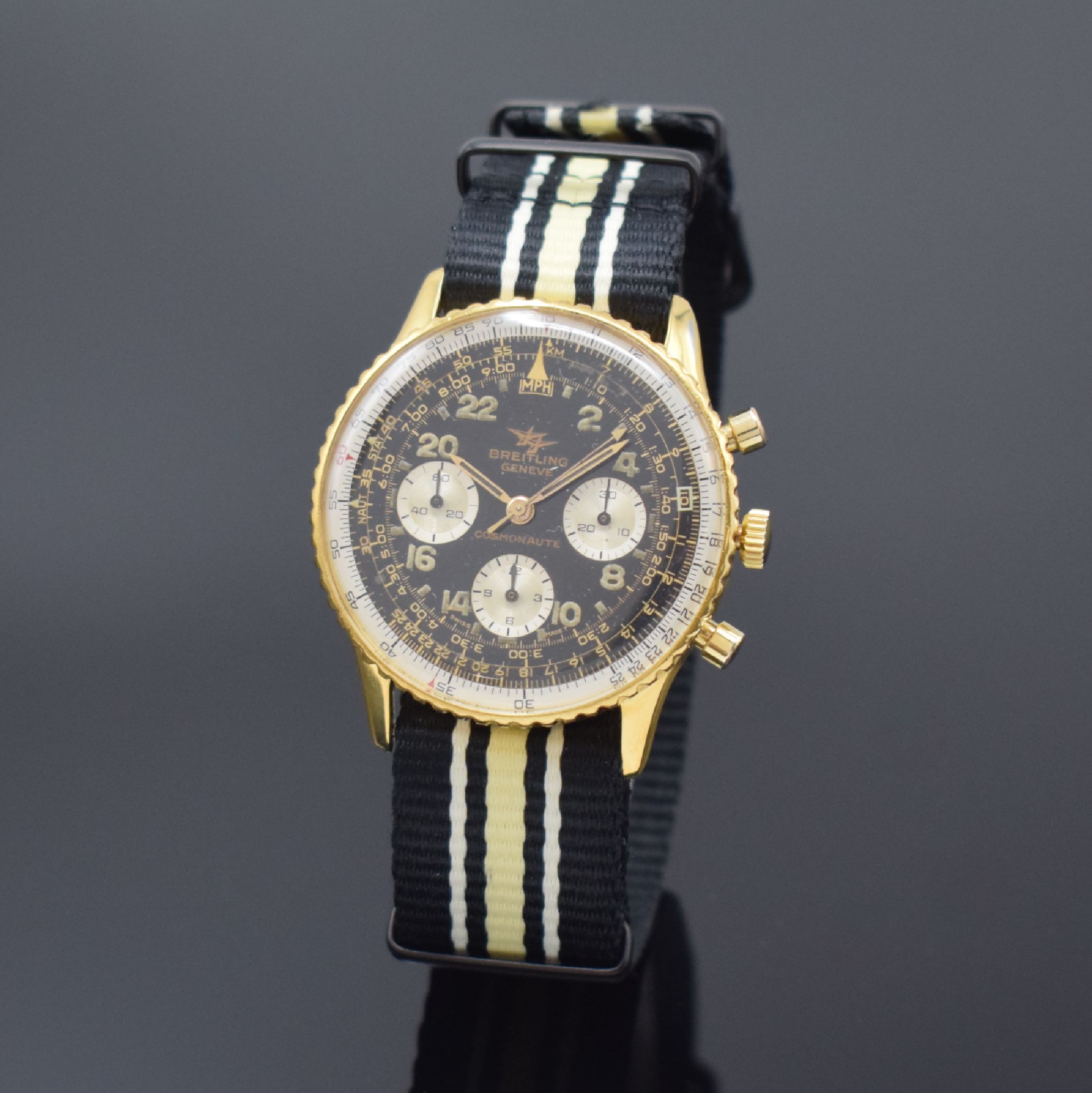 BREITLING Navitimer 806 Schaltradchronograph, Schweiz um 1969, Handaufzug, verg. Geh., Stahlboden aufgedr., Rechenschieber-Drehlünette, schwarzes ...