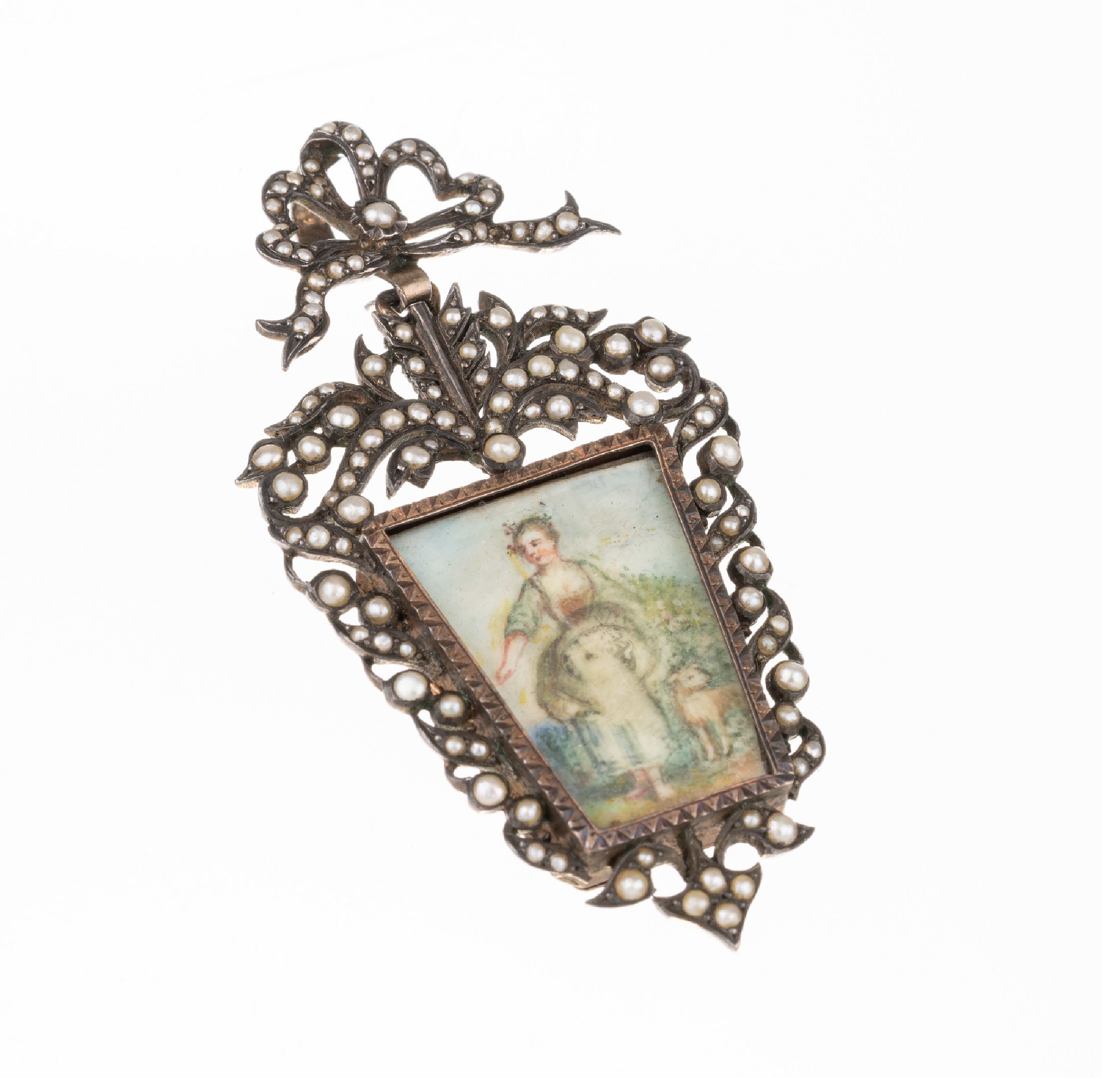 Anhänger mit Miniatur-Malerei, Frankreich um 1870/80, 830er Silber-Adlerkopfpunze, reicher Saatperlchenbesatz, Oberteil mit Schleifenverzierung, ...