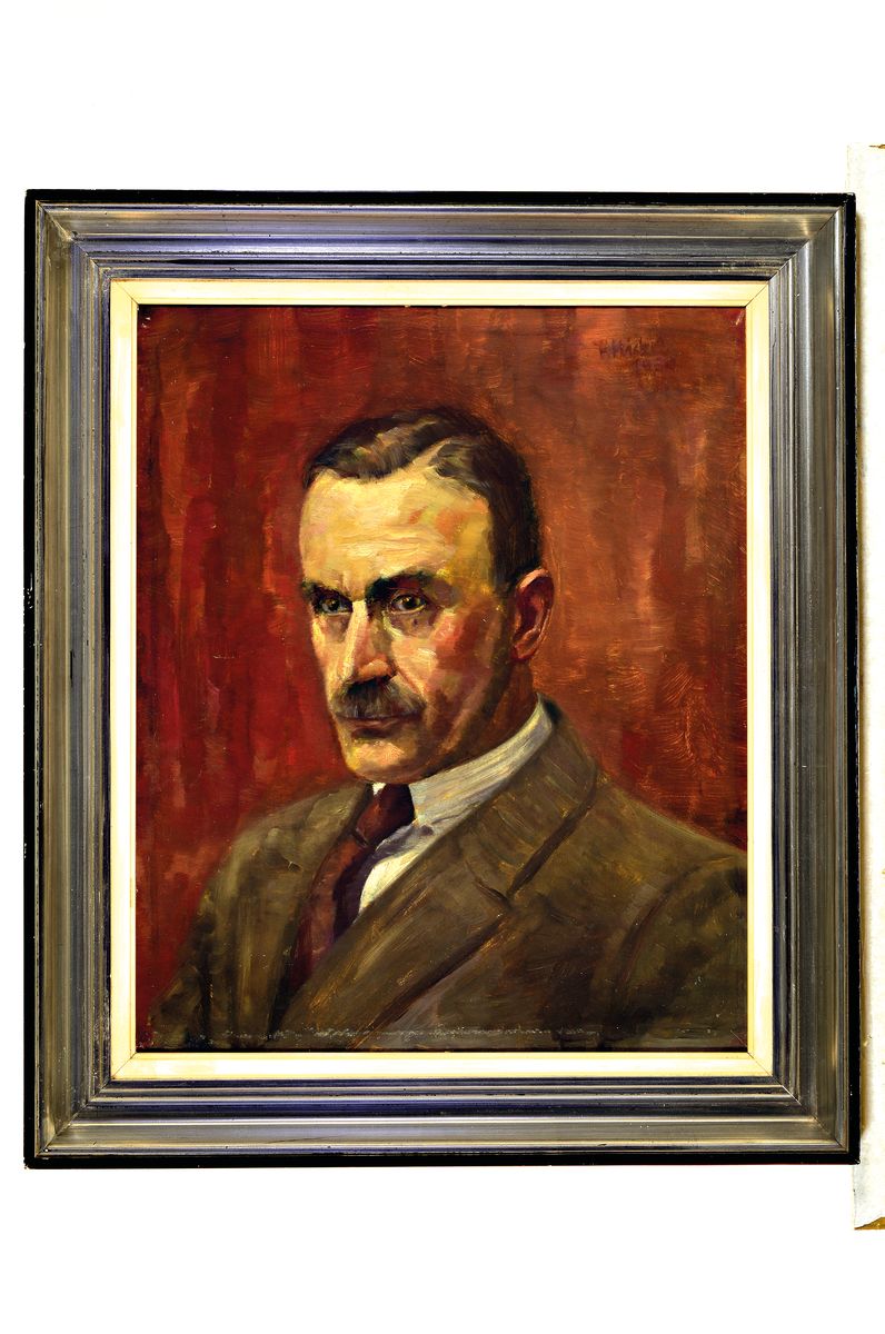 Detail k: Hans Nickel, 1916 Mährisch Lotschau-1986 Altdorf, Porträt des Autors Thomas Mann, Öl/Hartfaser, rechts unten signiert und dat. 50, ca. 55x45cm, R. ...