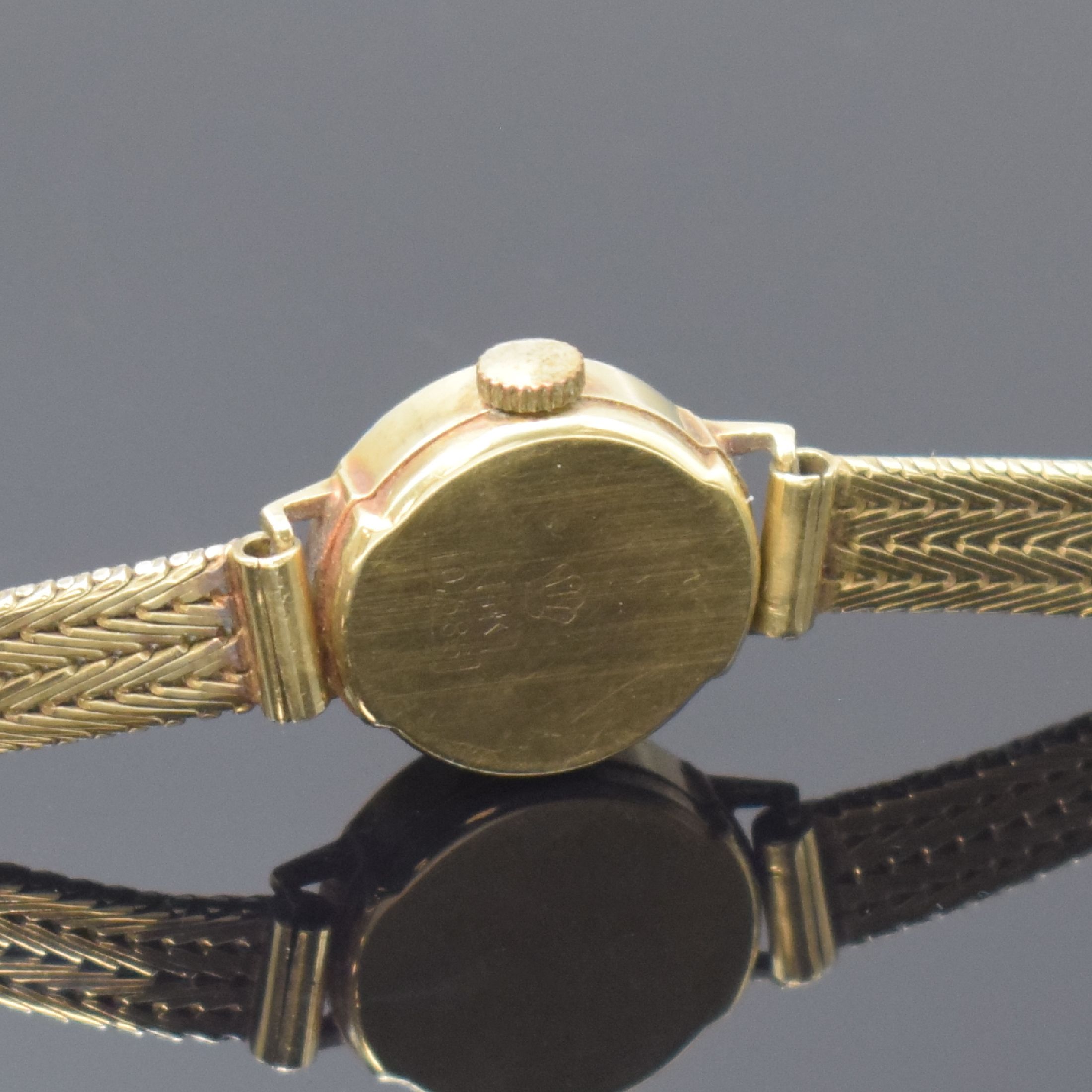Detail c: HUBBUCH Damenarmbanduhr in GG 585/000, Deutschland/Schweiz um 1965, Handaufzug, 2- teil. Geh. m. aufgedr. Boden, gold. Zifferbl., gold. Indizes, ...