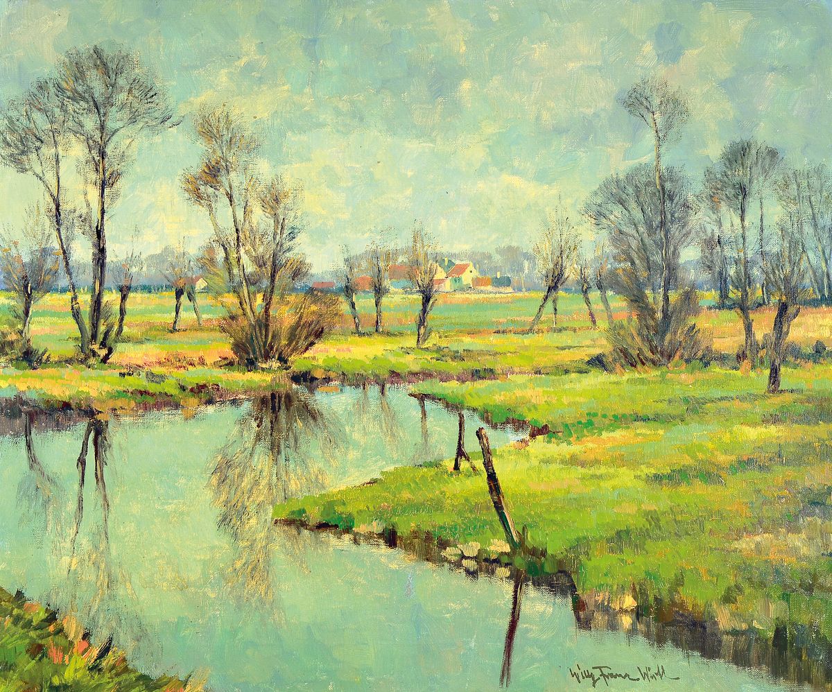 Willy Franz Wirth, 1903-1965 Düsseldorf, Sommerliche Landschaft mit Baum bestandenem Bachlauf und Bauerhäusern im Hintergrund, Öl/Lwd, rechts ...