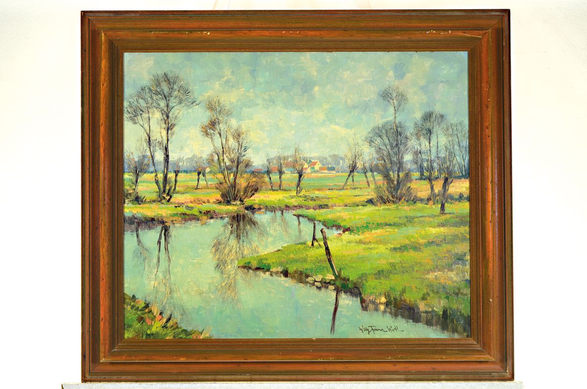 Detail k: Willy Franz Wirth, 1903-1965 Düsseldorf, Sommerliche Landschaft mit Baum bestandenem Bachlauf und Bauerhäusern im Hintergrund, Öl/Lwd, rechts ...