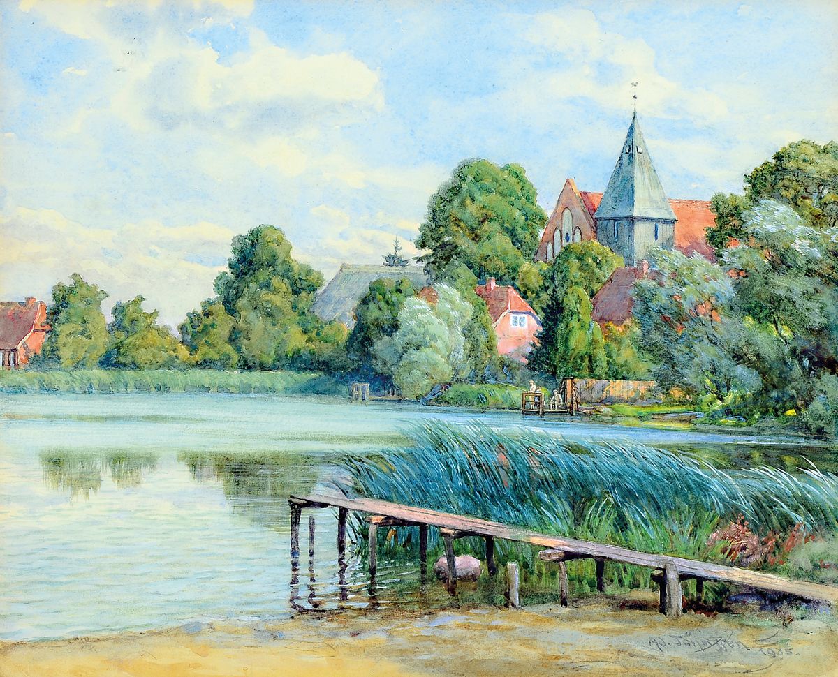 Adolf Jöhnssen, 1871 Rostock-1950 Nürnberg, Sommerliche Landschaft mit Weiher, Kinder auf dem Steg und Kirche, Aquarell auf Papier, rechts unten ...