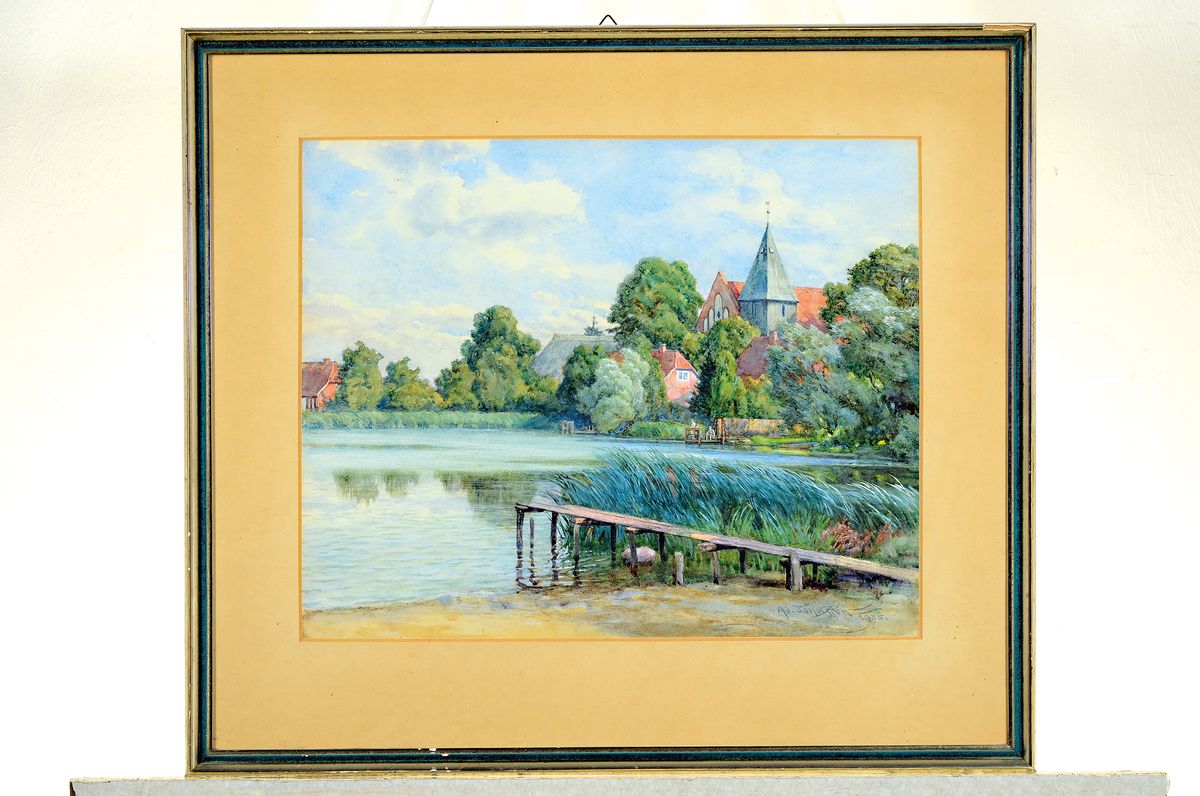 Detail k: Adolf Jöhnssen, 1871 Rostock-1950 Nürnberg, Sommerliche Landschaft mit Weiher, Kinder auf dem Steg und Kirche, Aquarell auf Papier, rechts unten ...