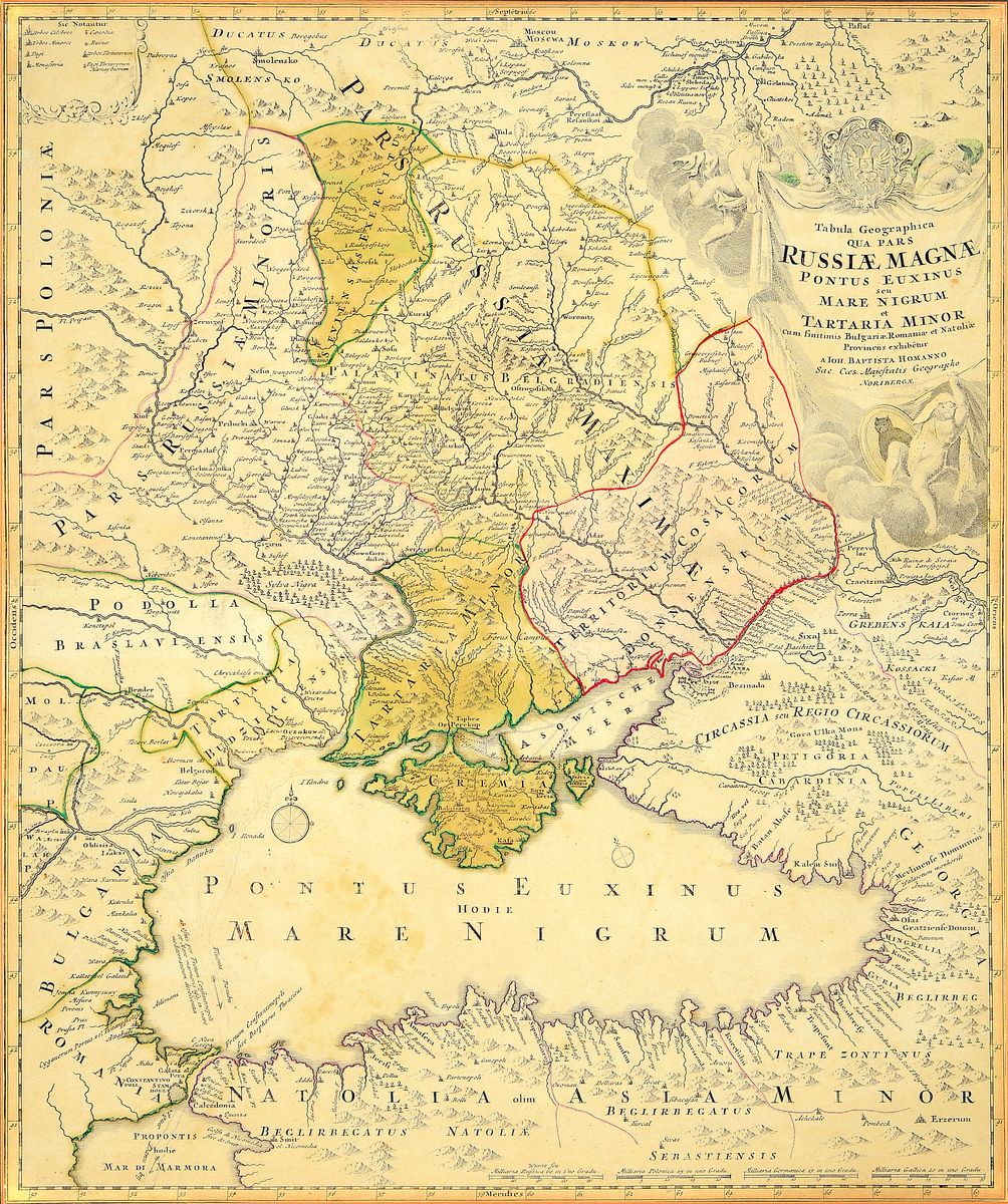 Kupferstichkarte, Homann Nürnberg, 18. Jh., Russiae Magnae pontus euxinus seu Mare Nigrum et Tartaria Minor, leicht gebräunt, ca. 58x48cm, PP, ...
