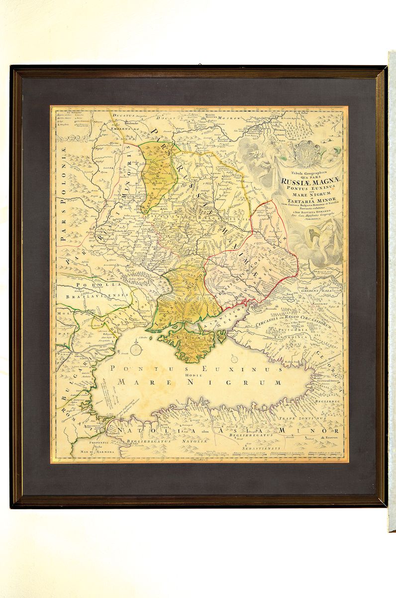Detail k: Kupferstichkarte, Homann Nürnberg, 18. Jh., Russiae Magnae pontus euxinus seu Mare Nigrum et Tartaria Minor, leicht gebräunt, ca. 58x48cm, PP, ...